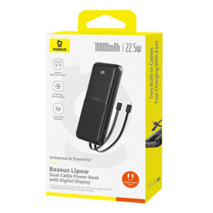 Baseus Lipow 10000mAh 22.5W Powerbank with Dual Built-in Cable with Display (with additional black Baseus Simple USB-A - USB-C 3A 0.2m kabelis) - juodos spalvos - Image 8
