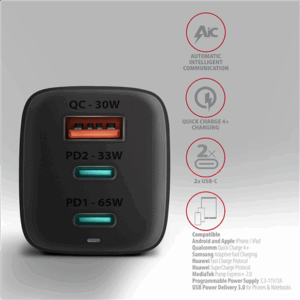 AXAGON ACU-DPQ65 charger, 2x USB-C, 1x USB-A, PD3.0/QC4+/PPS, 65W - black - Image 6