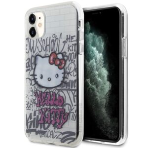 Hello Kitty HKHCN61HDGPHT Apple iPhone 11 / Xr 6.1" baltos spalvos harddėklas IML Kitty On Bricks Graffiti - Image 1