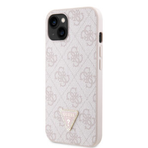 Guess PU 4G Strass Triangle Metal Logo dėklas skirtas Apple iPhone 15 rožinės spalvos - Image 1