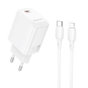 Borofone kelioninis įkroviklis BN28 Fuente - Type C - PD 30W with Type C to Lightning cable baltos spalvos