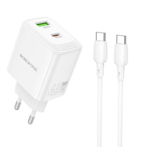 Borofone kelioninis įkroviklis BN30 Cargador GaN - USB + Type C - QC 3.0 PD 45W with Type C to Type C cable baltos spalvos