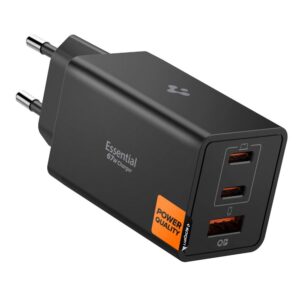 Spigen Essential EE673EU 3-port charger 2xUSB-C 1xUSB-A 67W - juodos spalvos