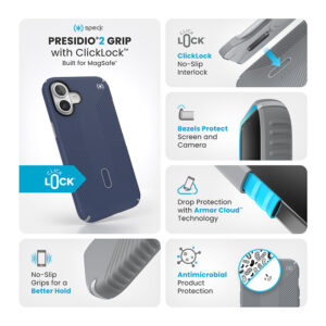 Speck Presidio2 Grip ClickLock & MagSafe - dėklas skirtas Apple iPhone 16 Plus Coastal Blue / Dust Grey / White - Image 3