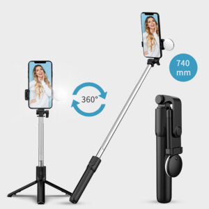 Selfie stick WR1YXS telescopic tripod 0.71m with round lamp - juodos spalvos - Image 7