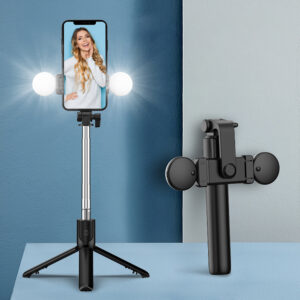 Selfie stick WR1YXS telescopic tripod 0.71m with round lamp - juodos spalvos - Image 8