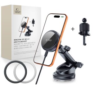 Tech-Protect V9 ArcticBoost magnetic MagSafe dashboard & vent automobilinis laikiklis su belaidžiu įkrovimu 25W QI2.2 juoda