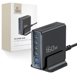 Tech-Protect DC160W-GAN 6-Port stalinis įkroviklis PD 160W / QC3.0 juodos spalvos