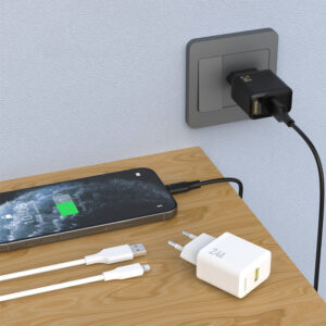 Dudao A23LEU 2.4A GaN EU USB-A laidinis įkroviklis su USB-A į Lightning kabeliu - baltos spalvos - Image 2