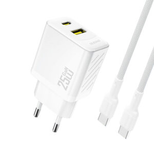 Dudao A26TCEU PD QC 25W GaN USB-A USB-C laidinis įkroviklis su USB-C kabeliu - baltos spalvos