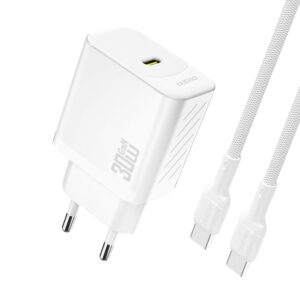 Dudao A27PCEU PD 30W GaN USB-C laidinis įkroviklis su USB-C kabeliu - baltos spalvos