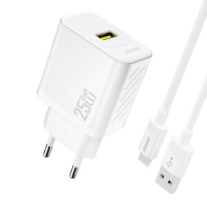 Dudao A27STEU 25W GaN USB-A laidinis įkroviklis su USB-A - USB-C kabeliu - baltos spalvos