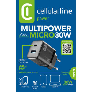 Cellularline Multipower Micro GaN - USB-C & USB-A Power Delivery 30W mains įkroviklis juodos spalvos - Image 6