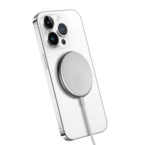 Crong MagSpot - Aluminium belaidis įkroviklis MagSafe sidabro spalvos baltos spalvos