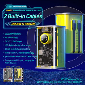 WEKOME WP-347 Vanguard Series - Power bank 20000 mAh Super Fast Charging with built-in USB-C PD 20W & Lightning + USB-A QC3.0 22.5W cable (Yellow) - Image 2