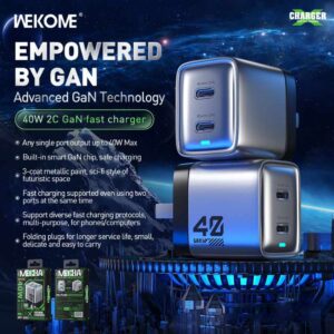 WEKOME WP-U02 Mecha Series - 2x USB-C Super Fast Charger GaN 40W mains charger (Silver) - Image 2
