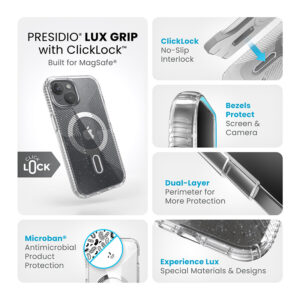 Speck Presidio Lux Grip ClickLock & Magsafe - dėklas skirtas Apple iPhone 16e / Apple iPhone 15 / Apple iPhone 14 / Apple iPhone 13 Clear / Platinium Glitter / Chrome Finish / Serene Silver - Image 5