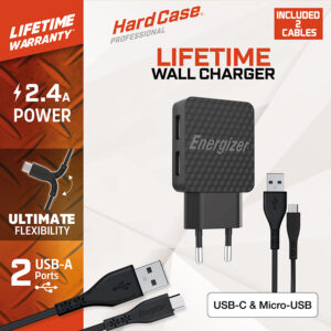 Energizer HardCase - 2x USB-A 12W mains įkroviklis + USB-C & Micro USB cable juodos spalvos - Image 6