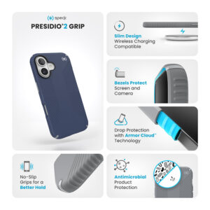 Speck Presidio2 Grip - dėklas skirtas Apple iPhone 16 Coastal Blue / Dust Grey / White - Image 6