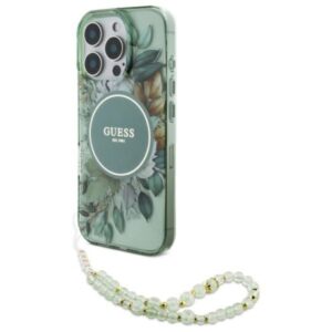 Guess IML Flowers With Pearl Strap MagSafe - dėklas skirtas Apple iPhone 16 Pro Green - Image 1