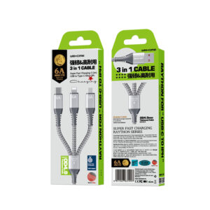 WEKOME WDC-170 Raython Series - 3-in-1 USB-A to USB-C + Lightning + Micro USB 1.2 m Fast Charging PD Cable sidabro spalvos - Image 2