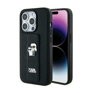 Karl Lagerfeld Gripstand Saffiano Karl & Choupette Pins - Apple iPhone 13 Pro Max Case Black - Image 1
