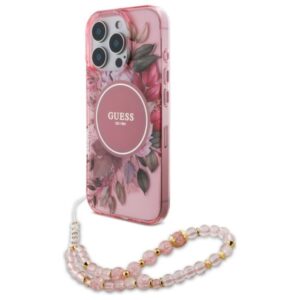 Guess IML Flowers With Pearl Strap MagSafe - dėklas skirtas Apple iPhone 16 Pro Pink - Image 1