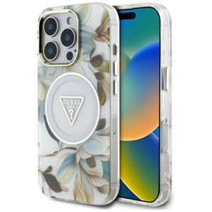 Guess Glitter Flowers Triangle Buttons MagSafe - dėklas skirtas Apple iPhone 16 Pro white - Image 1