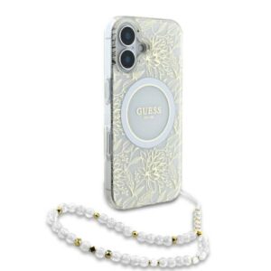 Guess IML Flowers Allover Electro With Pearl Strap MagSafe - dėklas skirtas Apple iPhone 16 White - Image 3