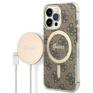 Guess Bundle Pack MagSafe 4G - Set of dėklas skirtas Apple iPhone 13 Pro Max + MagSafe charger Brown/Gold - Image 1