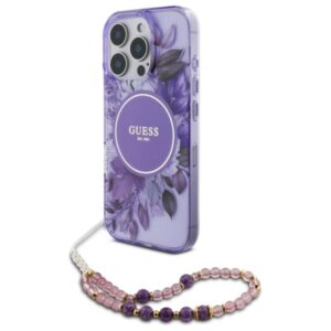 Guess IML Flowers With Pearl Strap MagSafe - dėklas skirtas Apple iPhone 16 Pro Purple - Image 1