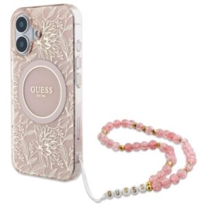 Guess IML Flowers Allover Electro With Pearl Strap MagSafe - dėklas skirtas Apple iPhone 16 Pink - Image 1