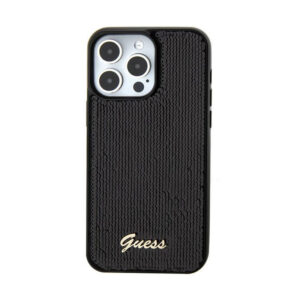 Guess Sequin Script Metal - dėklas skirtas Apple iPhone 15 juodos spalvos - Image 1