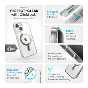 Speck Presidio Perfect-Clear ClickLock & Magsafe - dėklas skirtas Apple iPhone 16e / Apple iPhone 15 / Apple iPhone 14 / Apple iPhone 13 Clear / Chrome Finish / Serene Silver - Image 4