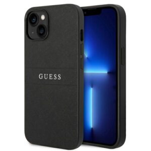 Guess Saffiano Metal Logo Stripes - dėklas skirtas Apple iPhone 14 Plus Black - Image 1