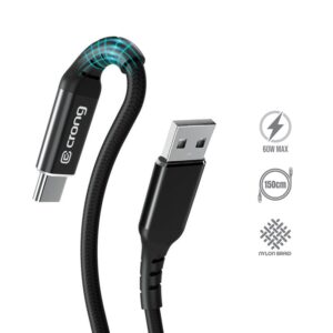 Crong Armor Link - USB-C to USB-A 60W Braided Cable Power Delivery Fast Charging 150cm juodos spalvos