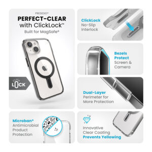 Speck Presidio Perfect-Clear ClickLock & Magsafe - dėklas skirtas Apple iPhone 16e / Apple iPhone 15 / Apple iPhone 14 / Apple iPhone 13 Clear / Frosted Black / Slate Grey - Image 4