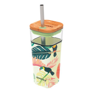 Quokka Liquid Cube - Glass mug 540 ml with stainless steel straw (Tropical Toucans).