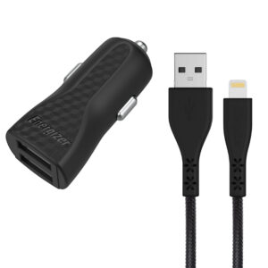 Energizer HardCase - automobilinis įkroviklis 2x USB-A 17W 3.4A + MFi certified Lightning cable juodos spalvos
