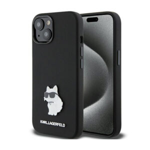 Karl Lagerfeld Silicone Choupette Metal Pin - Apple iPhone 15 Case Black - Image 1