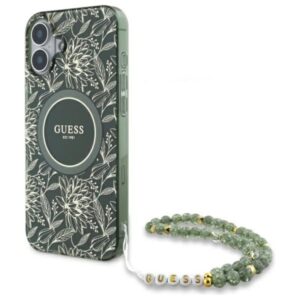 Guess IML Flowers Allover Electro With Pearl Strap MagSafe - dėklas skirtas Apple iPhone 16 Plus Green - Image 1