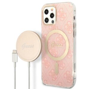 Guess Bundle Pack MagSafe 4G - Set of dėklas skirtas Apple iPhone 12 / Apple iPhone 12 Pro + MagSafe charger Pink/Gold - Image 1