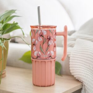 Quokka Umi - 720 ml Stainless Steel Thermal Mug with Straw and Silicone Coaster (Floral Coral) - Image 3