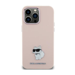 Karl Lagerfeld Silicone Choupette Metal Pin - Apple iPhone 15 Case Pink - Image 1