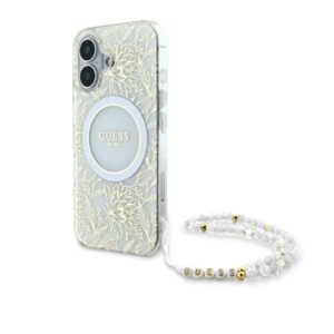 Guess IML Flowers Allover Electro With Pearl Strap MagSafe - dėklas skirtas Apple iPhone 16 Plus White - Image 1