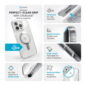 Speck Presidio Perfect-Clear Grip ClickLock & MagSafe - dėklas skirtas Apple iPhone 16 Pro Max Clear / Chrome Finish / Serene Silver - Image 3