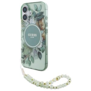 Guess IML Flowers With Pearl Strap MagSafe - dėklas skirtas Apple iPhone 16 Plus Green - Image 1