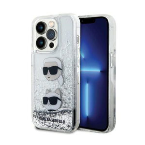 Karl Lagerfeld Liquid Glitter Karl & Choupette Heads - Apple iPhone 14 Pro Max Case Silver - Image 1