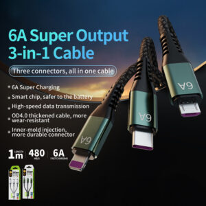 WEKOME WDC-170 Raython Series - 3-in-1 USB-A to USB-C + Lightning + Micro USB 1.2 m Fast Charging PD Cable (Black) - Image 2