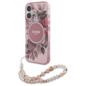 Guess IML Flowers With Pearl Strap MagSafe - dėklas skirtas Apple iPhone 16 Plus Pink - Image 1